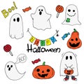 Colored set of cute pictures for halloween. drawings in the style of doodle, ghosts, pumpkins, lettering. funny ghosts, smiling ch